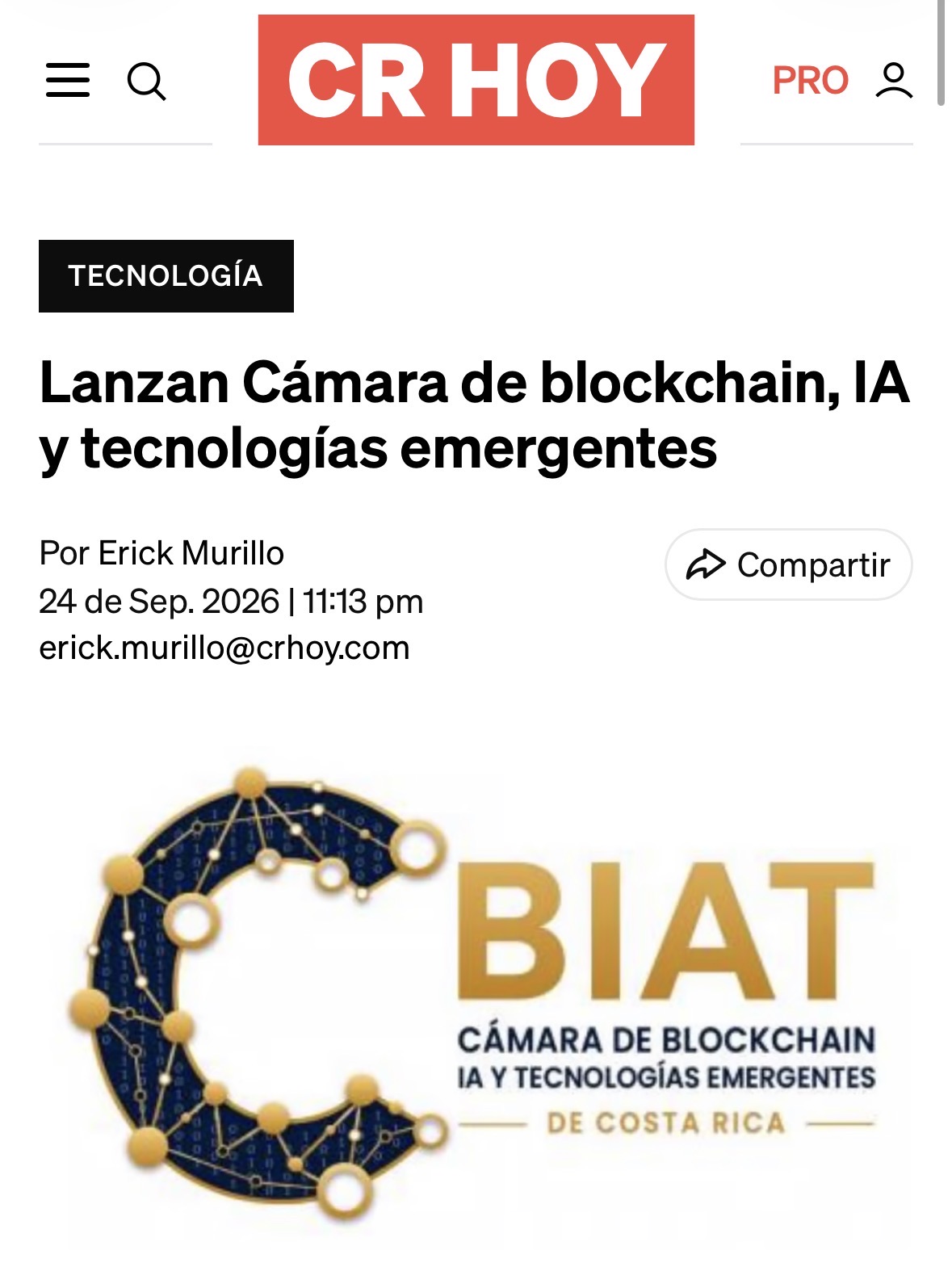 Captura de CR Hoy sobre el lanzamiento de la Cámara de Blockchain, Inteligencia Artificial y Tecnologías emergentes de Costa Rica.